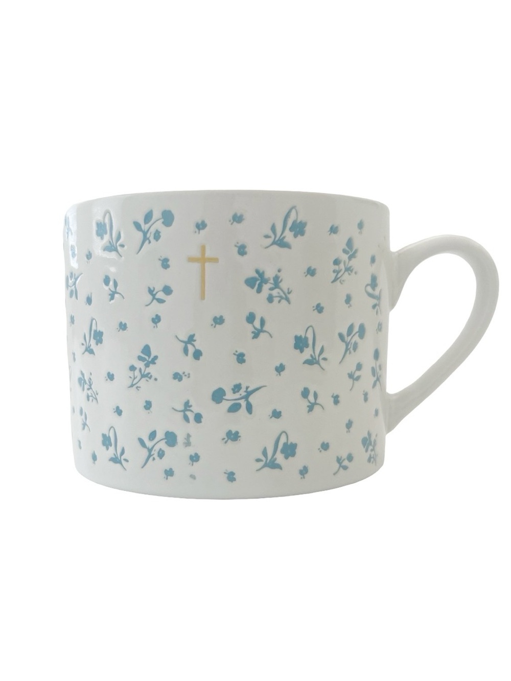 Fig & Fern Ceramic Floral Gold Cross Coffee Tea Mug Blue/White/Gold NEW